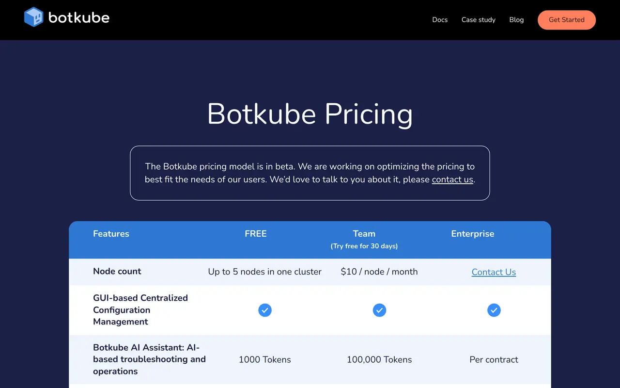 Botkube pricing page - Container & Kubernetes SaaS pricing tiers and plans
