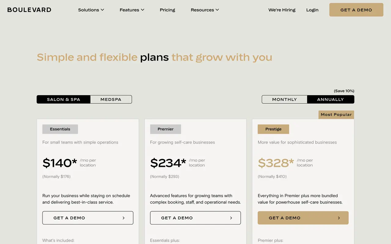Boulevard pricing page - Scheduling & Booking SaaS pricing tiers and plans