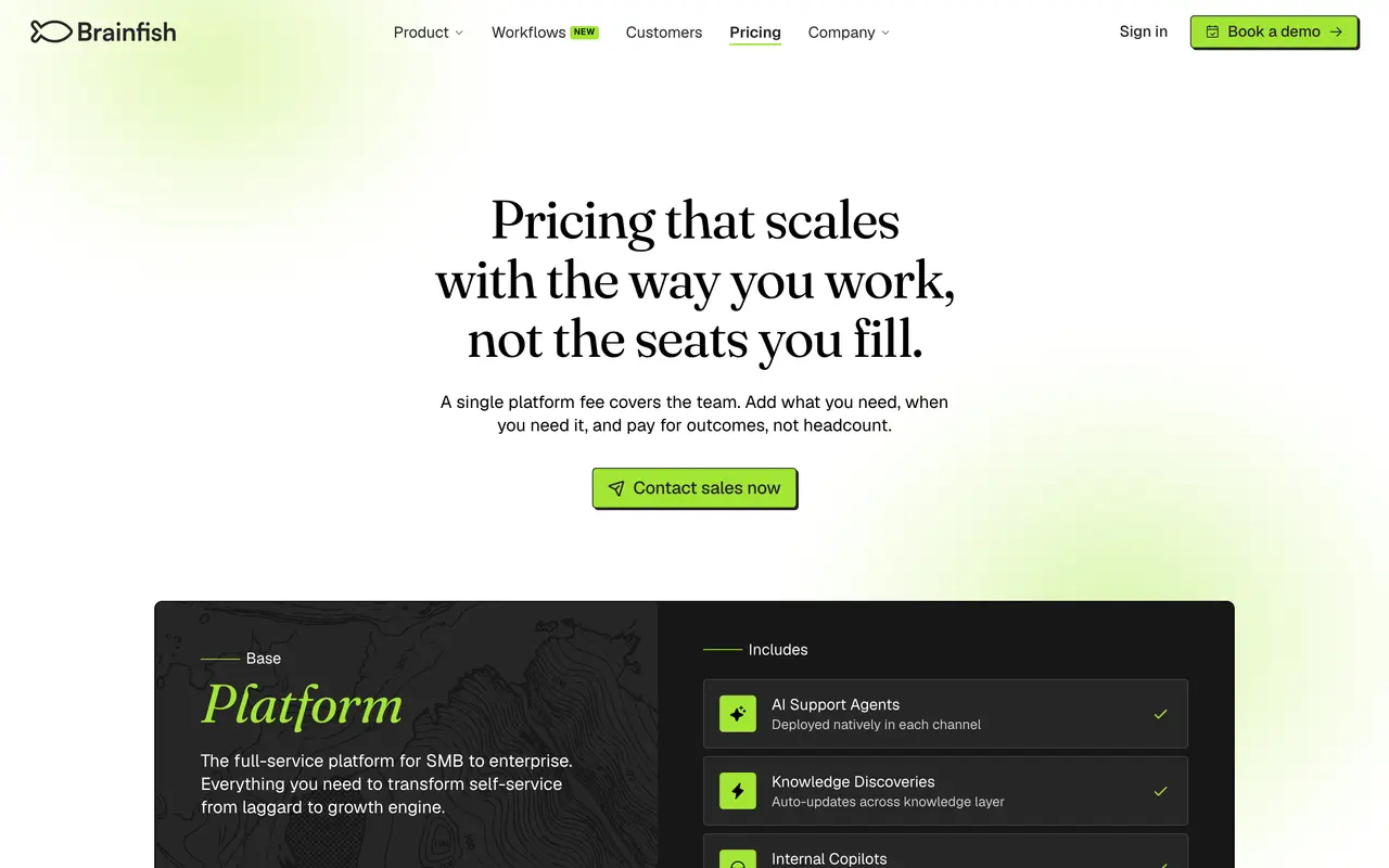 Brainfish pricing page - Customer Support SaaS pricing tiers and plans