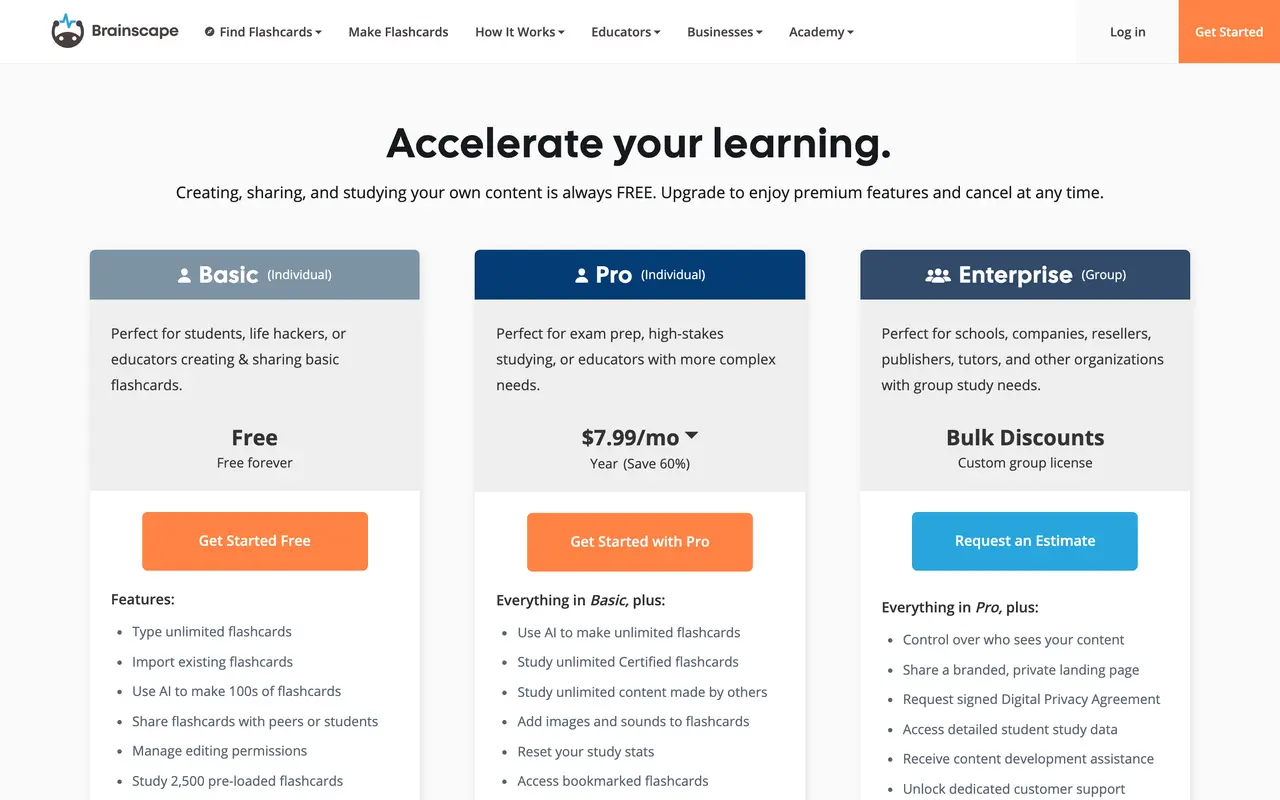 Brainscape pricing page - Education SaaS pricing tiers and plans