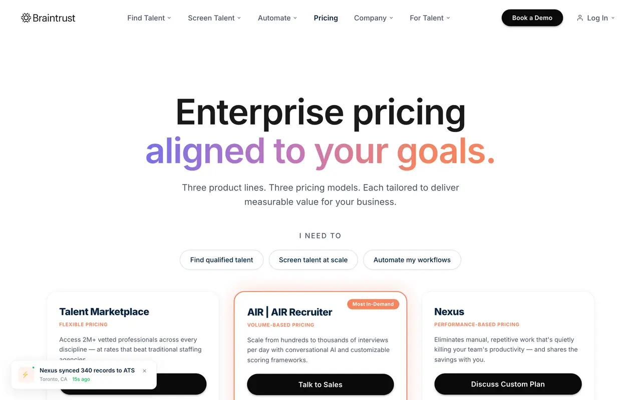 Braintrust Talent pricing page - HR & Recruiting SaaS pricing tiers and plans