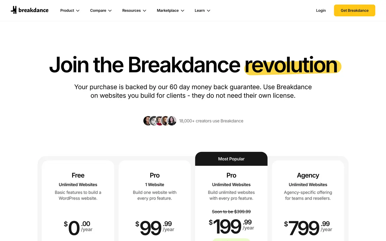 Breakdance pricing page - Website & CMS SaaS pricing tiers and plans