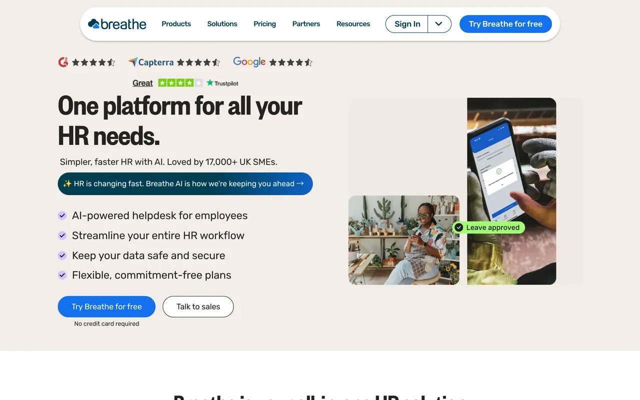 Breathe HR pricing page - HR & Recruiting SaaS pricing tiers and plans
