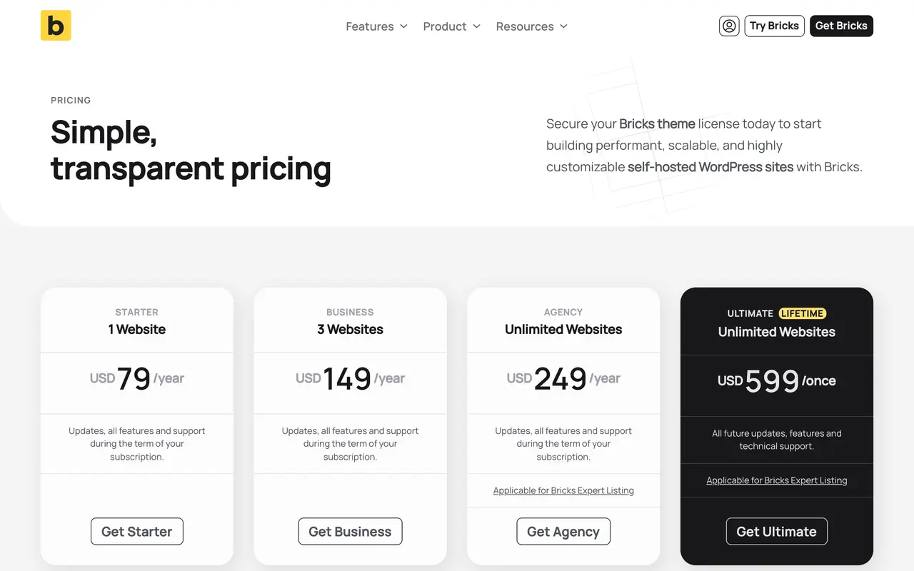 Bricks Builder pricing page - Website & CMS SaaS pricing tiers and plans