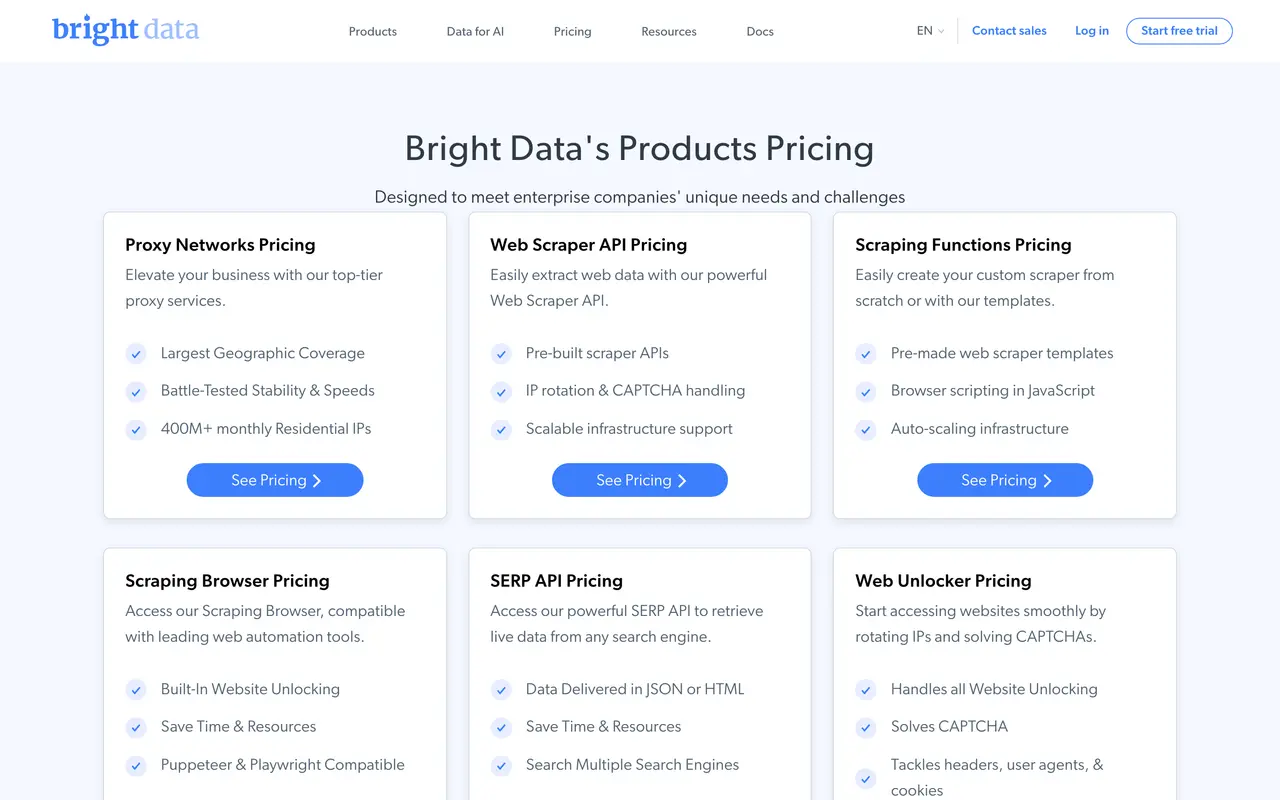Bright Data pricing page - AI Data & Analytics SaaS pricing tiers and plans