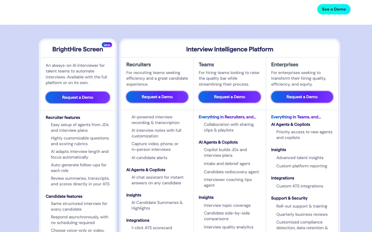 BrightHire pricing page - AI HR & Recruiting SaaS pricing tiers and plans