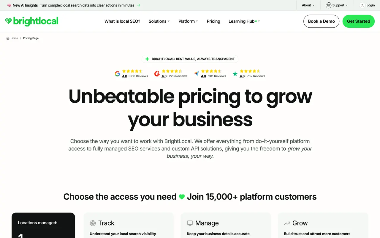 BrightLocal pricing page - SEO & Content Marketing SaaS pricing tiers and plans