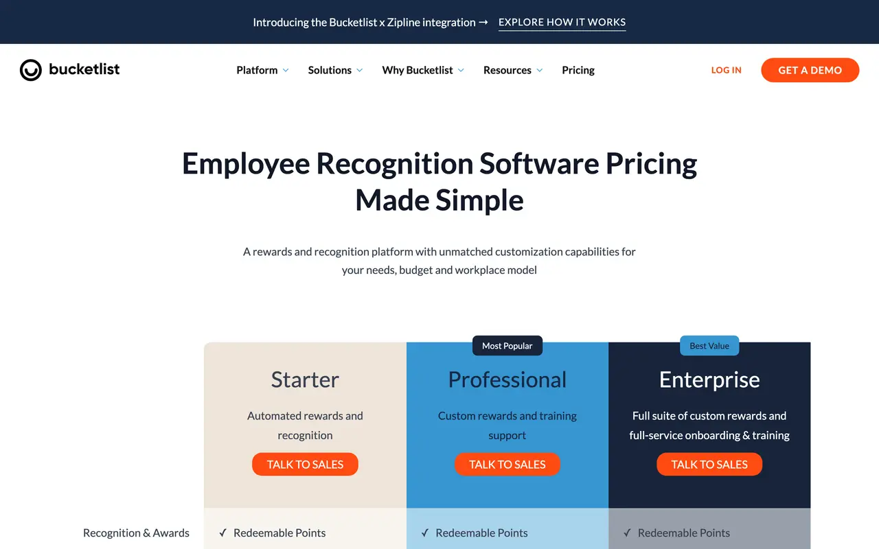 Bucketlist pricing page - Employee Engagement SaaS pricing tiers and plans