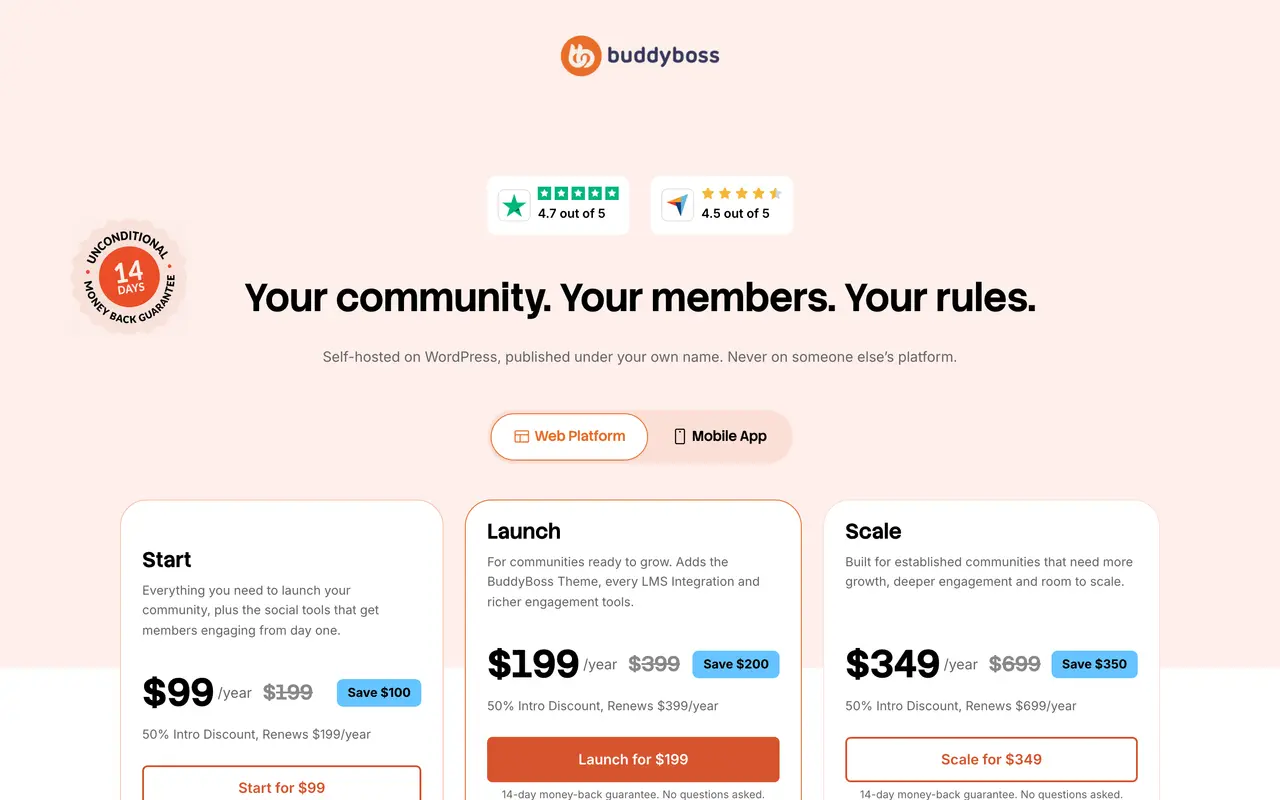 BuddyBoss pricing page - WordPress SaaS pricing tiers and plans
