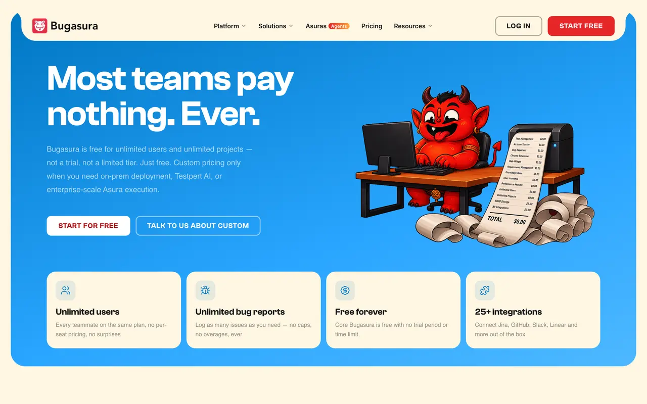Bugasura pricing page - Testing & QA SaaS pricing tiers and plans