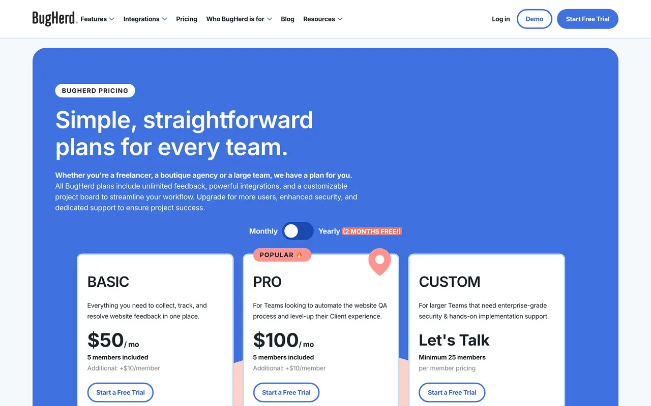 BugHerd pricing page - Feedback SaaS pricing tiers and plans