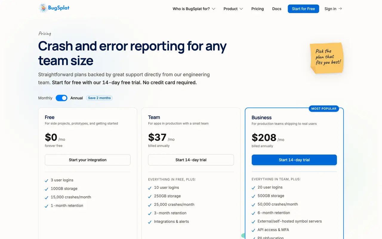 BugSplat pricing page - Data SaaS pricing tiers and plans