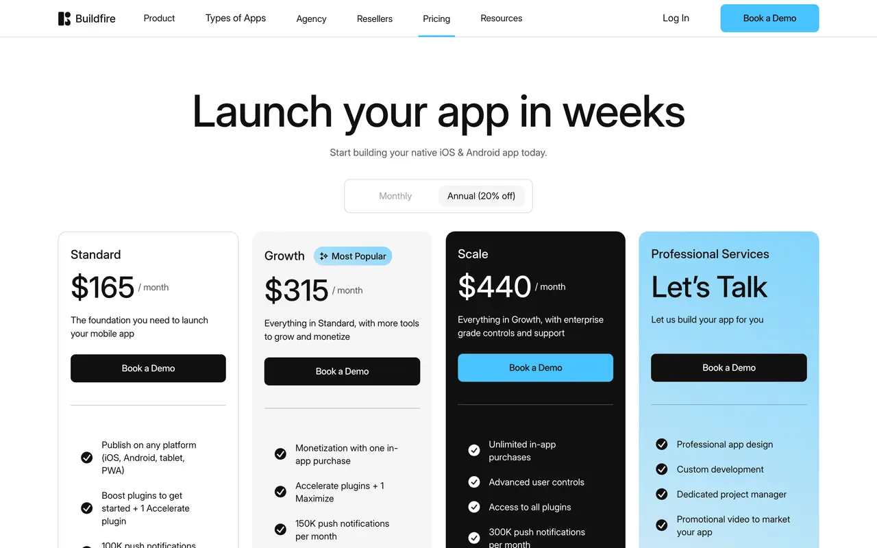 BuildFire pricing page - No-Code & Low-Code SaaS pricing tiers and plans