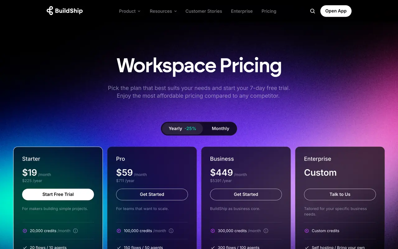 Buildship pricing page - No-Code & Low-Code SaaS pricing tiers and plans