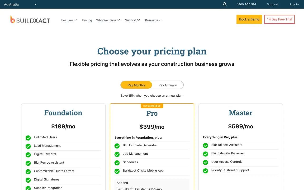 Buildxact pricing page - Construction SaaS pricing tiers and plans