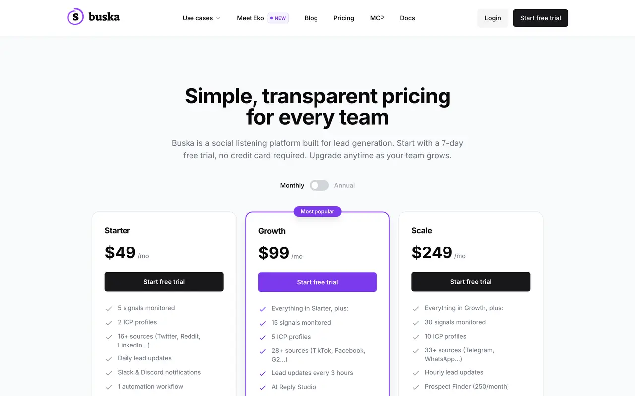 Buska pricing page - CRM & Sales SaaS pricing tiers and plans