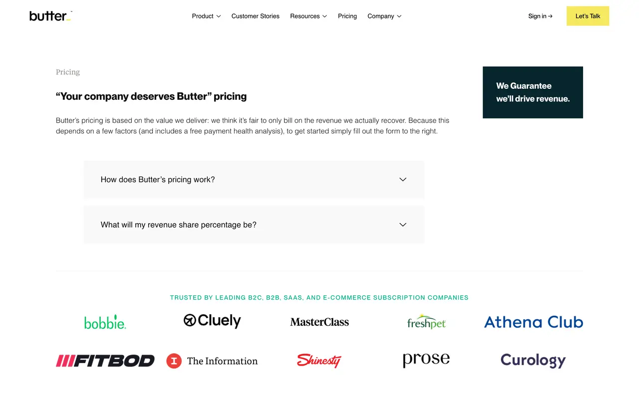 Butter Payments pricing page - Fintech SaaS pricing tiers and plans