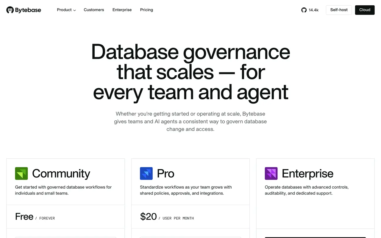 Bytebase pricing page - Database & Backend SaaS pricing tiers and plans