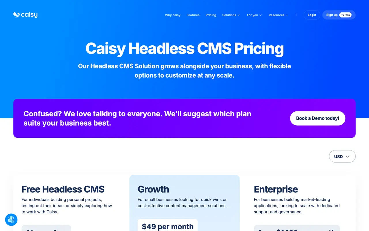 Caisy pricing page - Headless CMS SaaS pricing tiers and plans