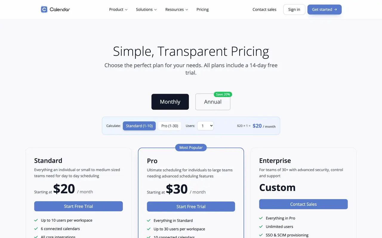 Calendar.com pricing page - Sales SaaS pricing tiers and plans