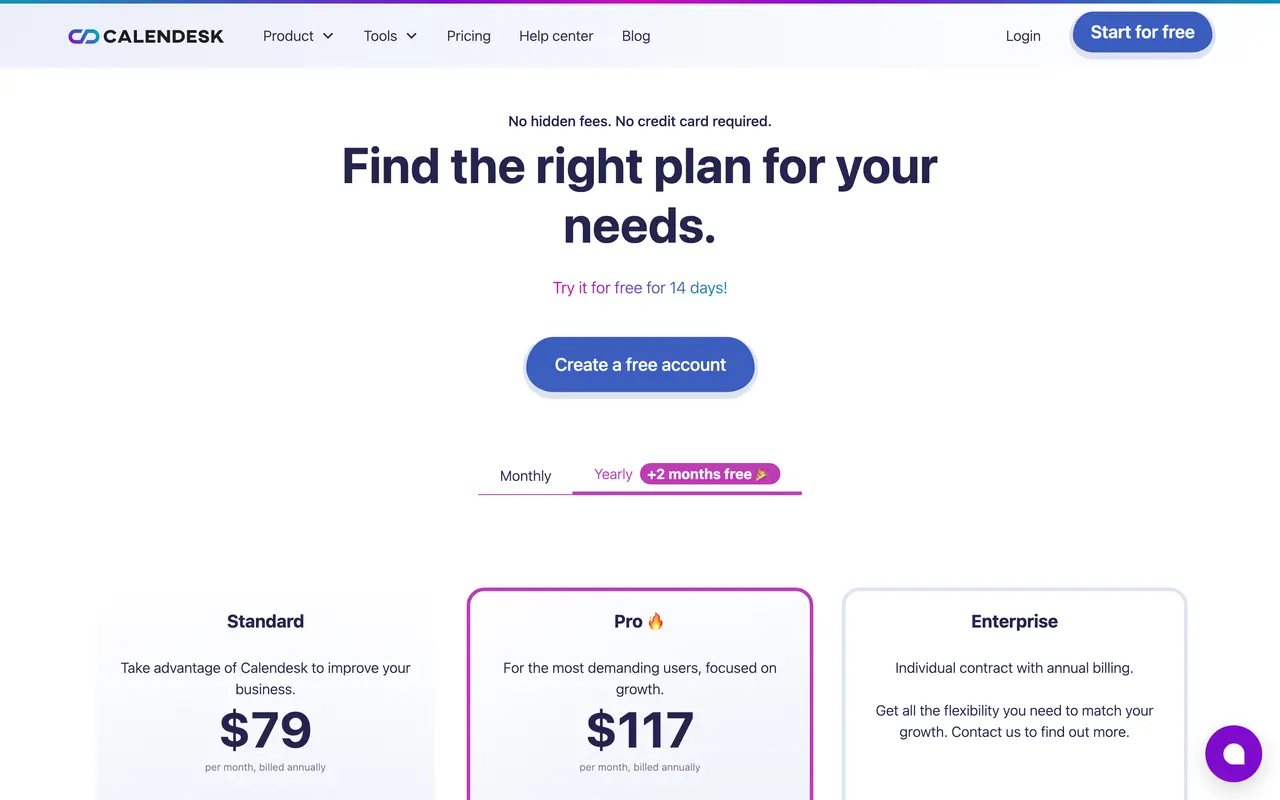 Calendesk pricing page - Scheduling SaaS pricing tiers and plans