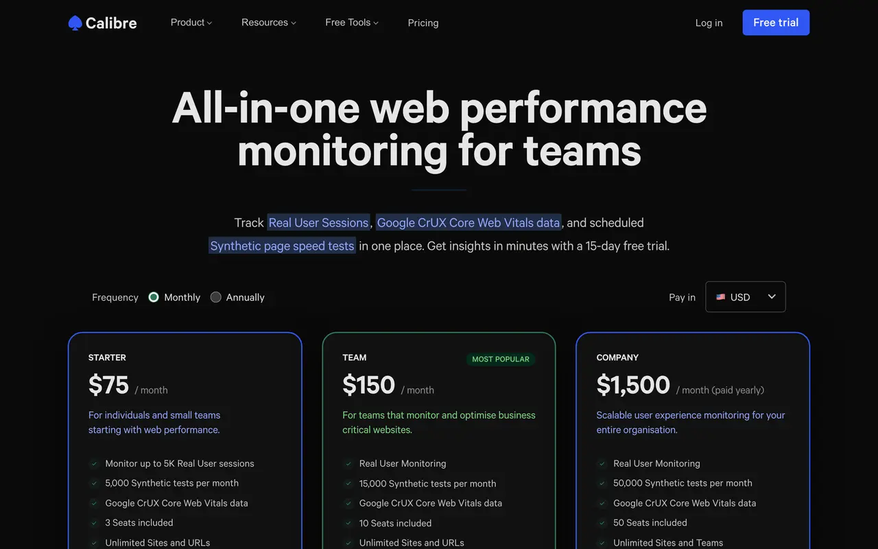 Calibre pricing page - SEO SaaS pricing tiers and plans