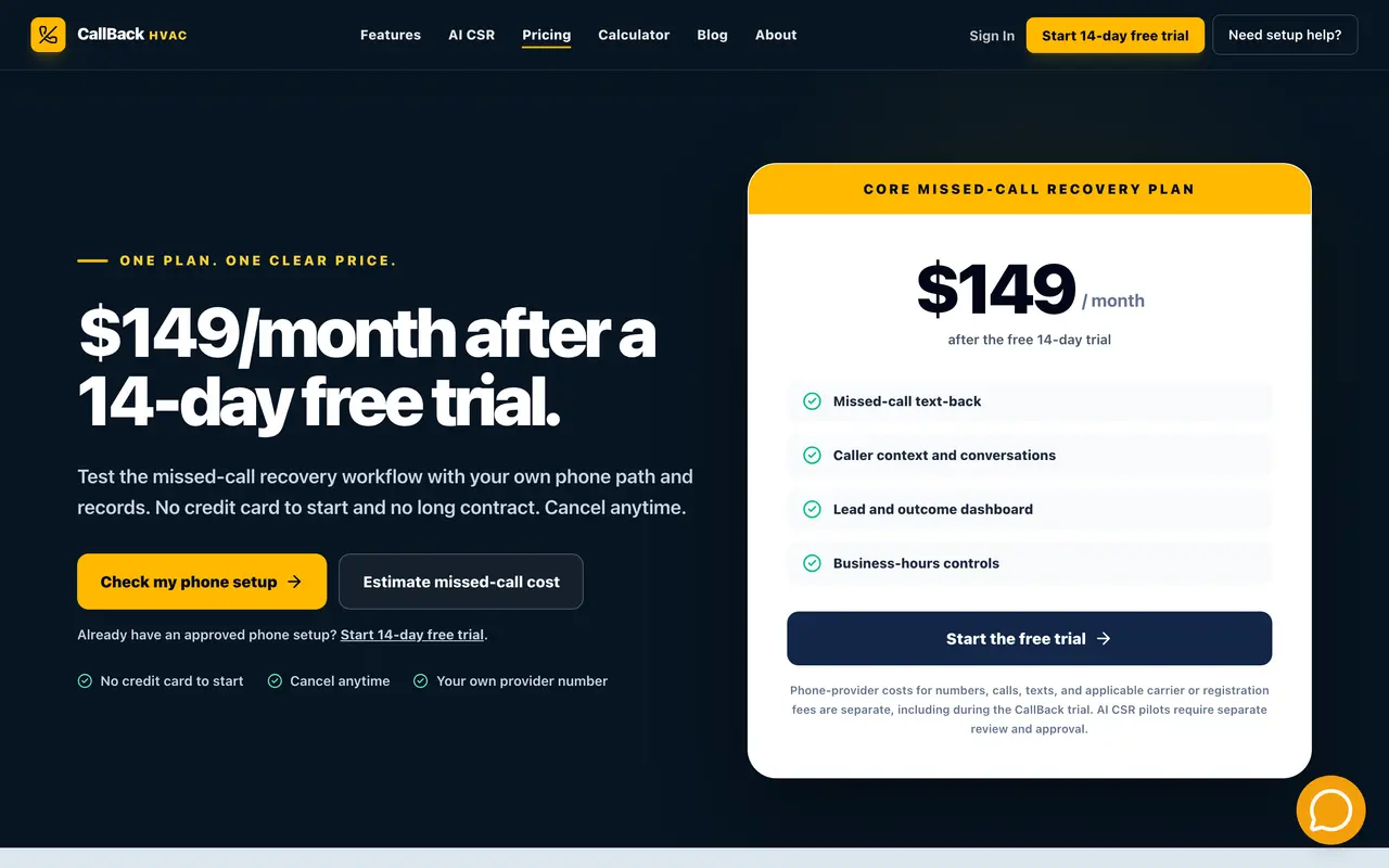 CallBack HVAC pricing page - Communication SaaS pricing tiers and plans