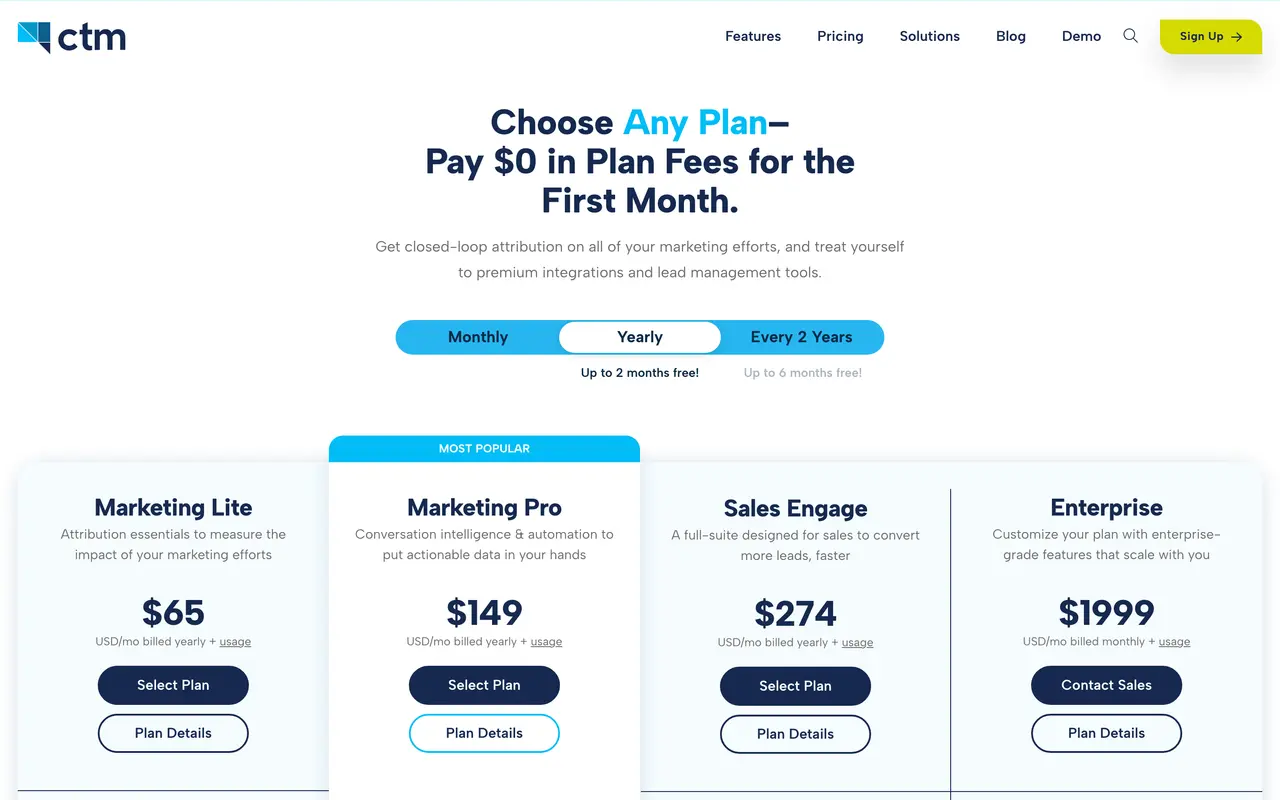 CallTrackingMetrics pricing page - Sales SaaS pricing tiers and plans