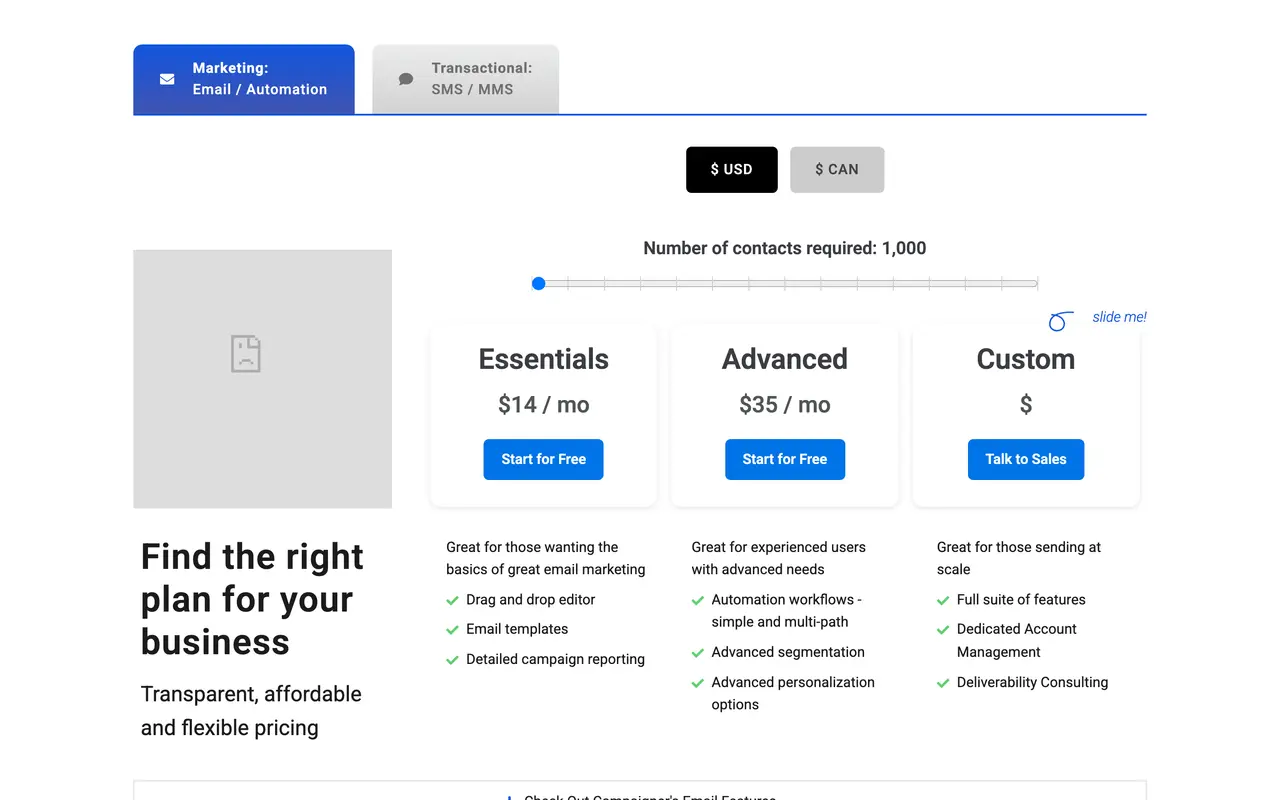 Campaigner pricing page - Email & Newsletter SaaS pricing tiers and plans