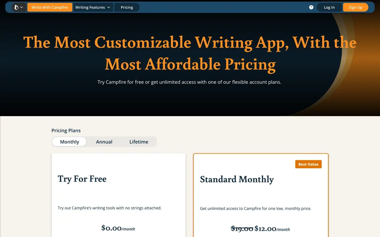 Campfire pricing page - AI Writing & Content SaaS pricing tiers and plans