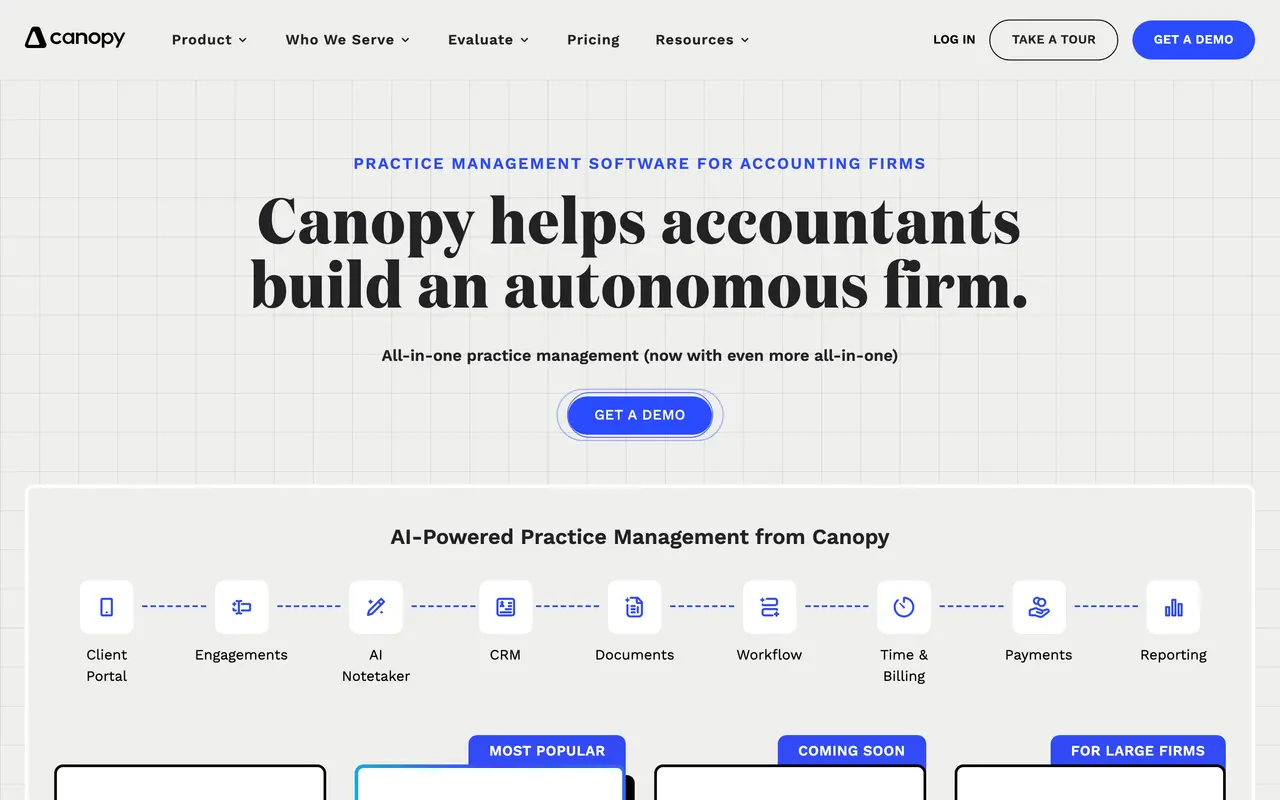 Canopy pricing page - Accounting & Tax SaaS pricing tiers and plans