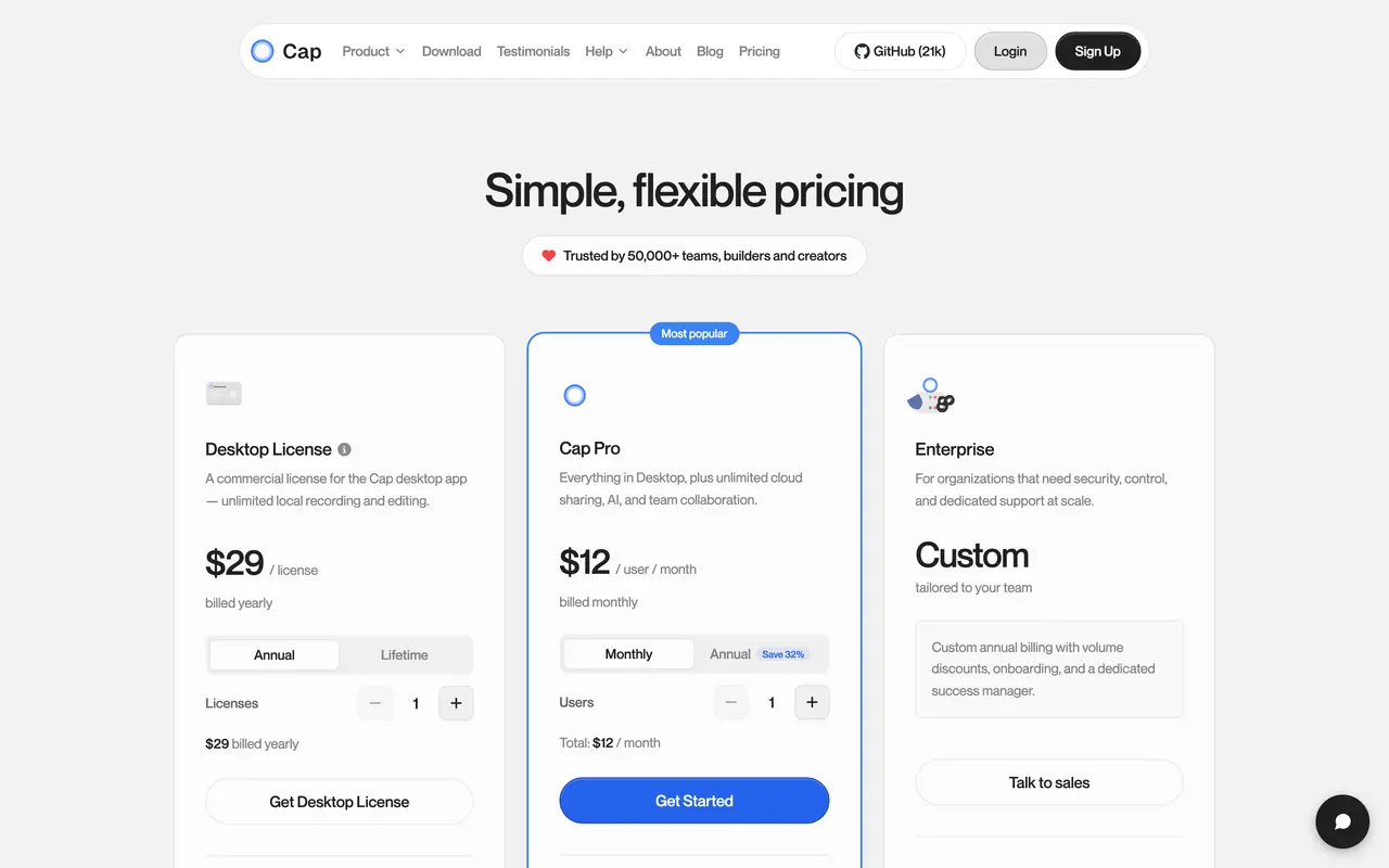 Cap pricing page - Collaboration SaaS pricing tiers and plans