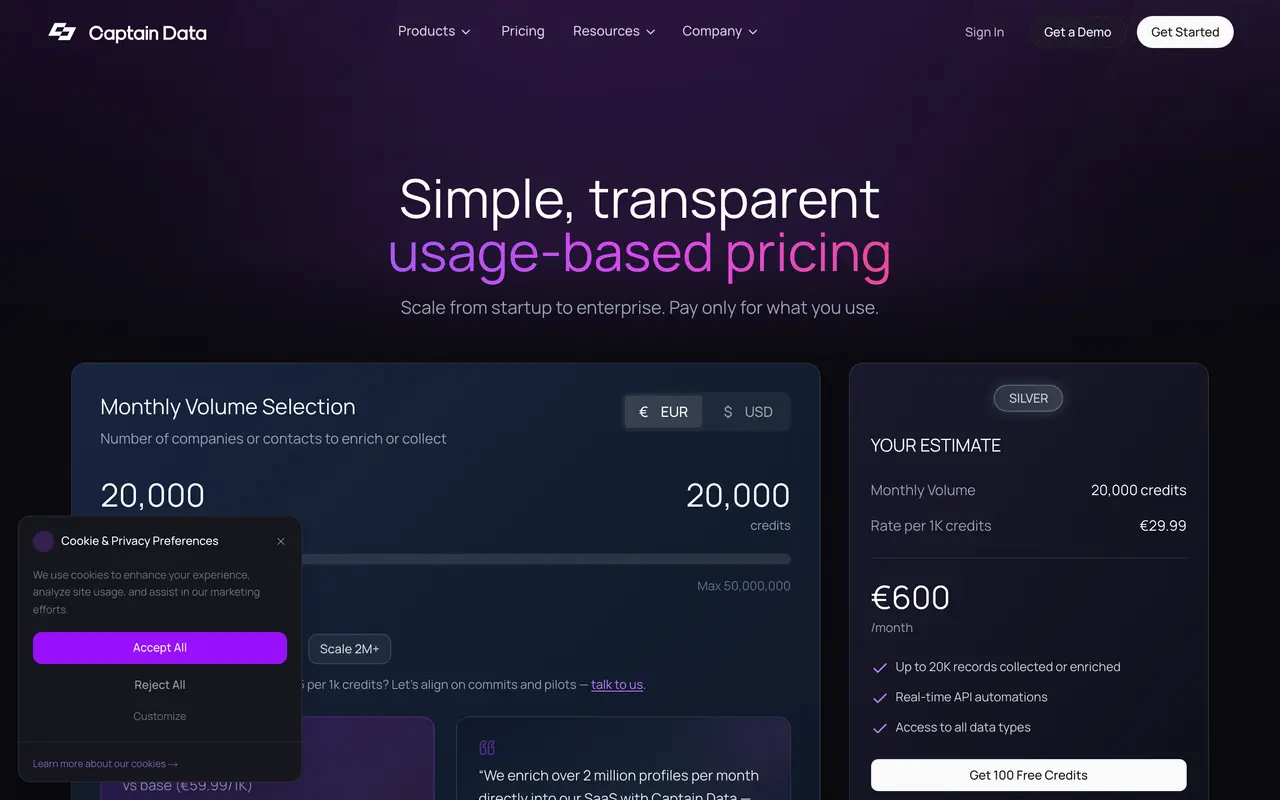 Captain Data pricing page - Lead Generation SaaS pricing tiers and plans
