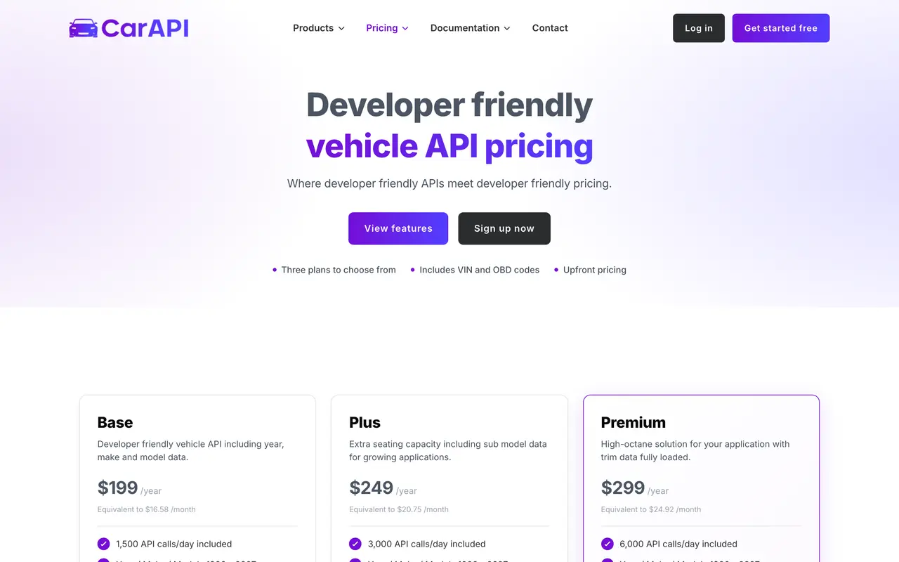 CarAPI pricing page - Database & Backend SaaS pricing tiers and plans