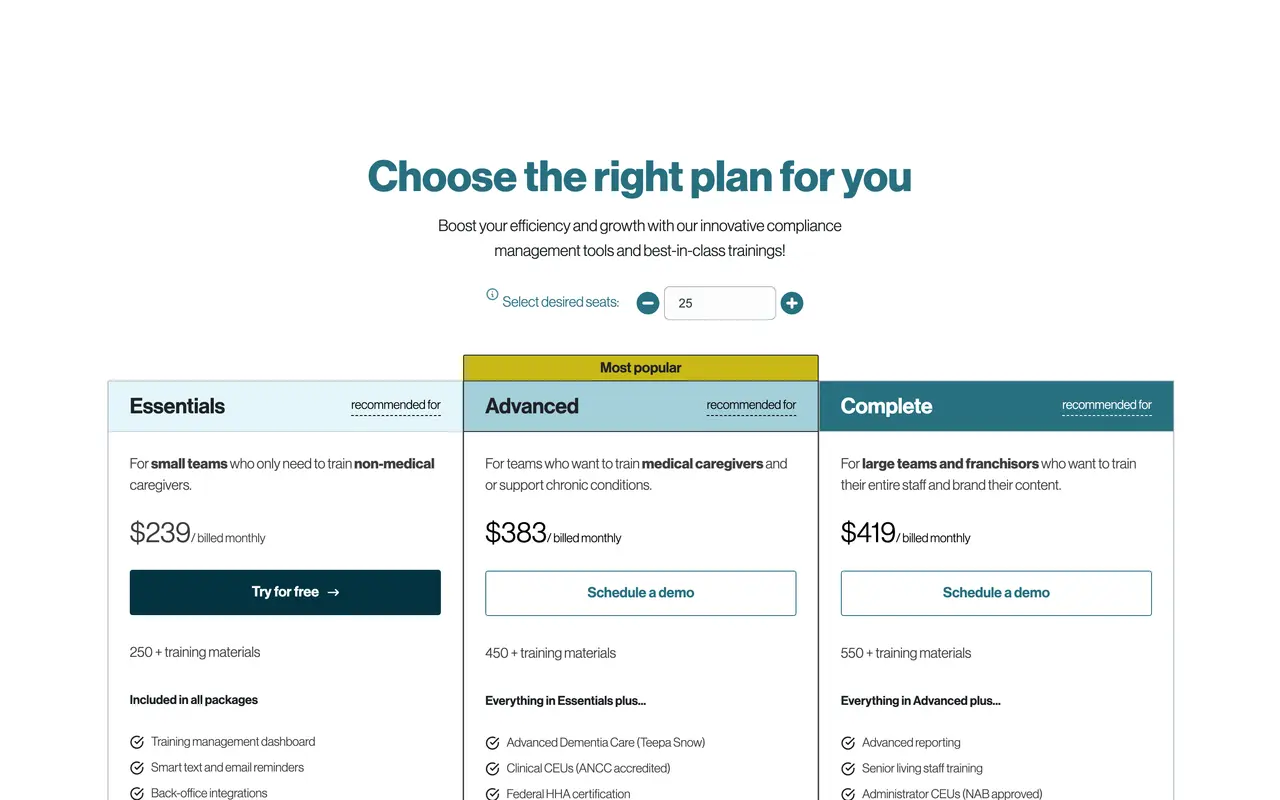 CareAcademy pricing page - Healthcare & Wellness SaaS pricing tiers and plans