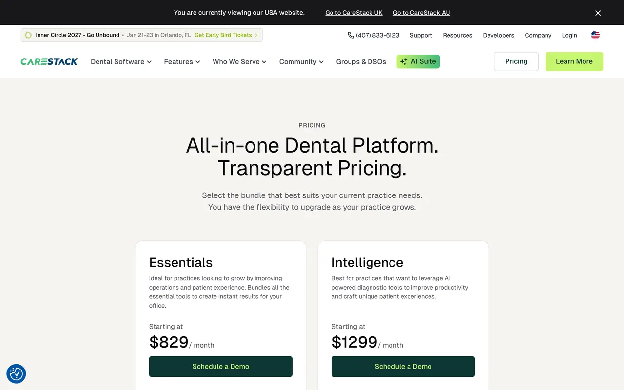 CareStack pricing page - Dental SaaS pricing tiers and plans