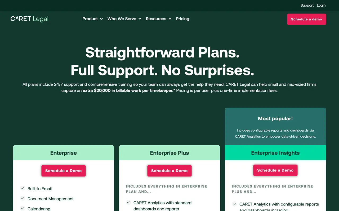 CARET Legal pricing page - Legal SaaS pricing tiers and plans