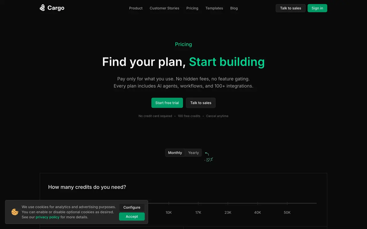 Cargo pricing page - AI Sales & Marketing SaaS pricing tiers and plans