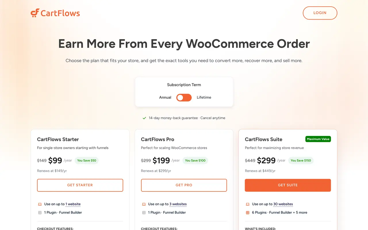 CartFlows pricing page - Fintech SaaS pricing tiers and plans