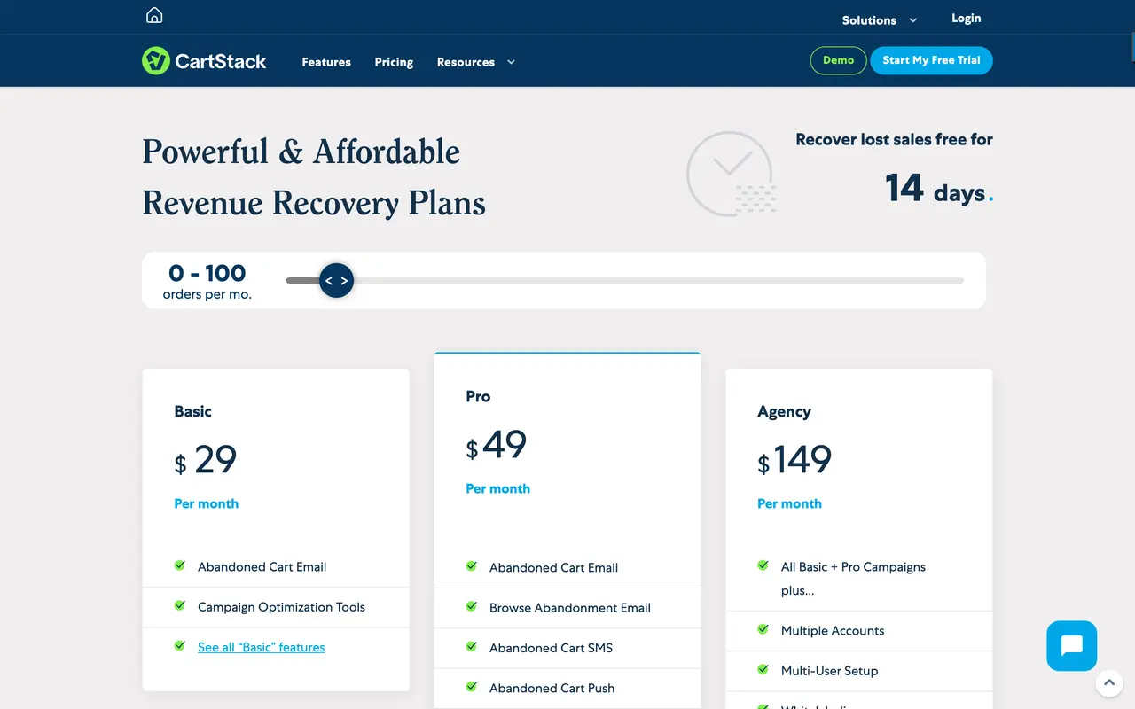 CartStack pricing page - E-commerce SaaS pricing tiers and plans