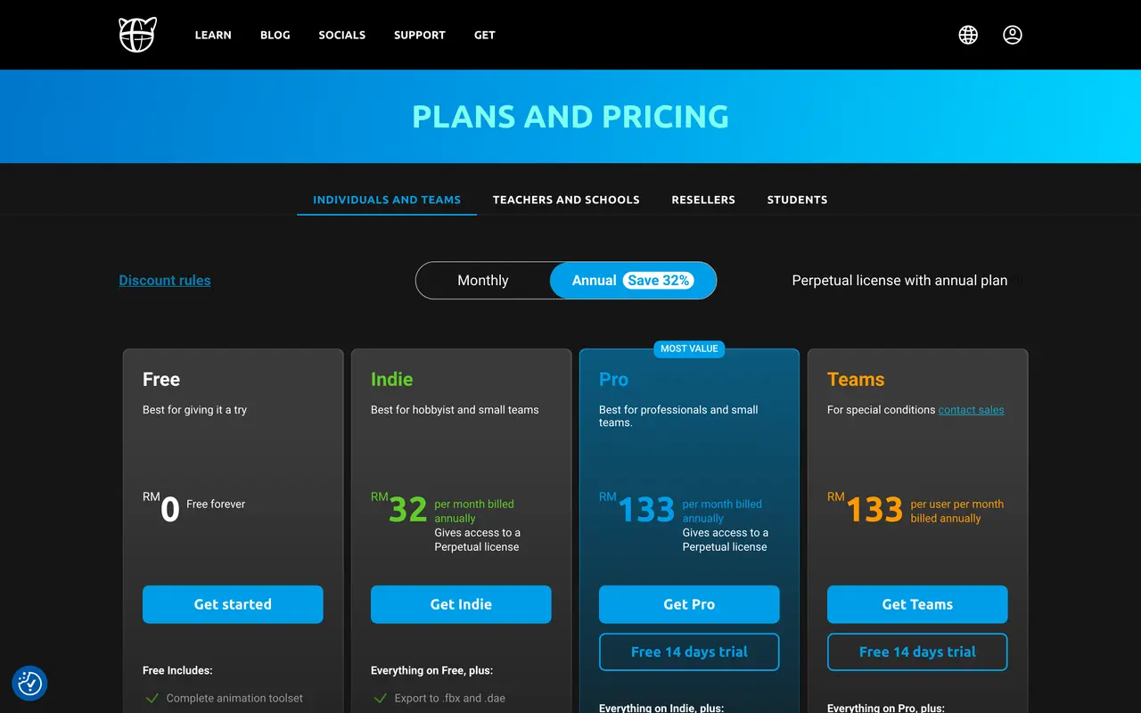 Cascadeur pricing page - Video SaaS pricing tiers and plans