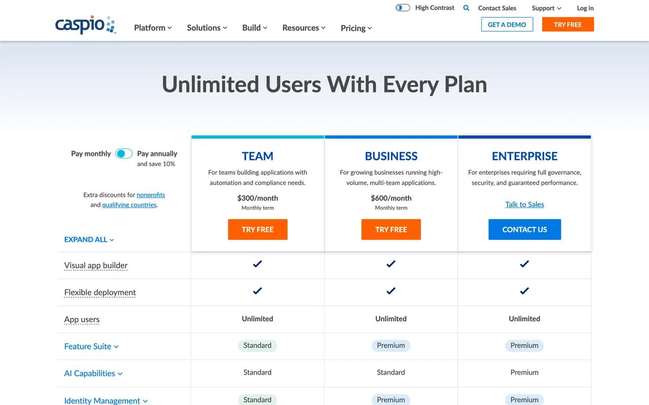 Caspio pricing page - No-Code & Low-Code SaaS pricing tiers and plans