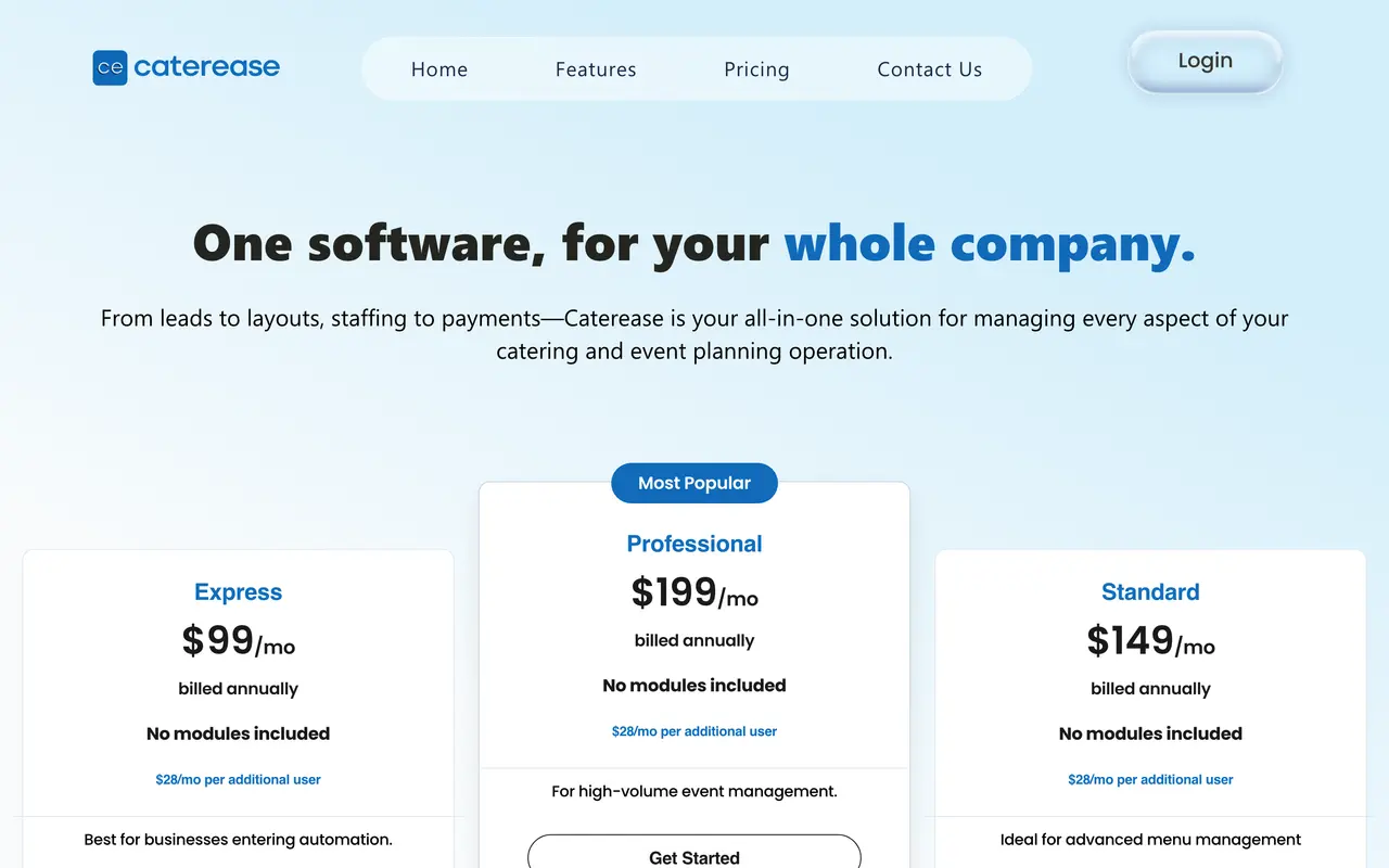 Caterease pricing page - Events SaaS pricing tiers and plans