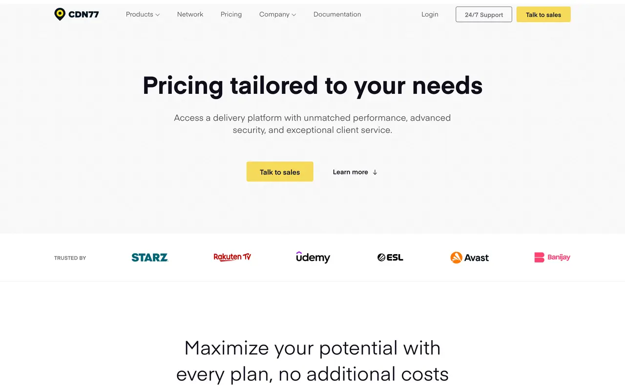 CDN77 pricing page - Hosting SaaS pricing tiers and plans