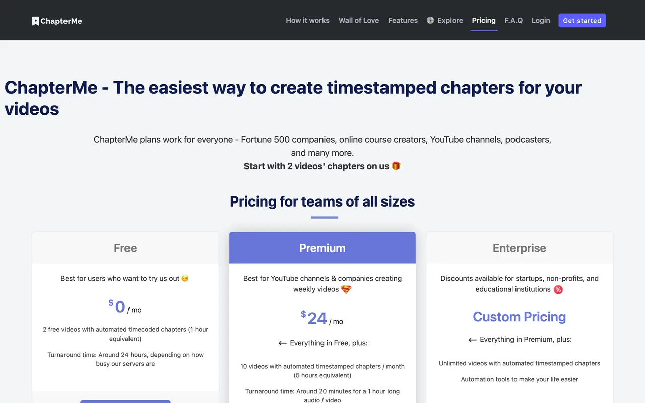 ChapterMe Website pricing page - Video & Streaming SaaS pricing tiers and plans