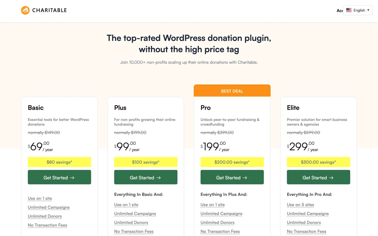Charitable pricing page - WordPress SaaS pricing tiers and plans