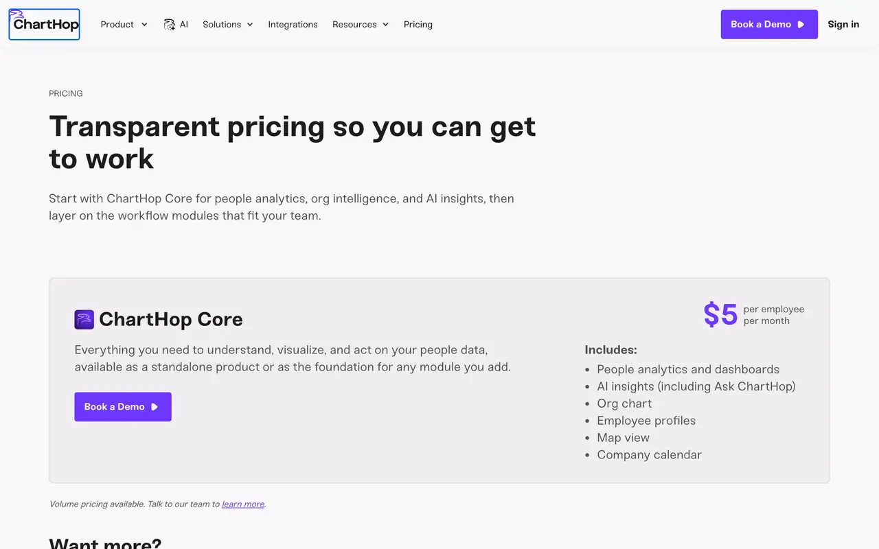 ChartHop pricing page - HR SaaS pricing tiers and plans