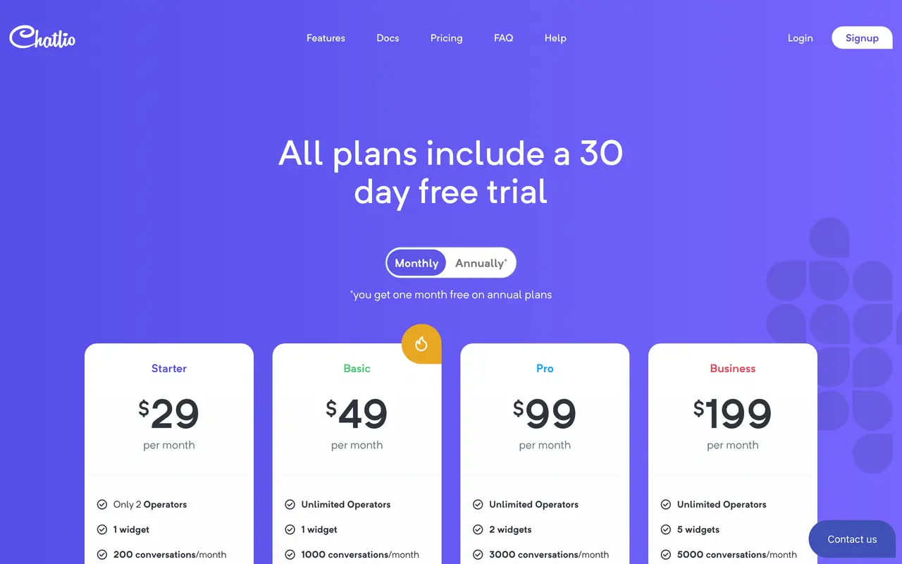 Chatlio pricing page - Chat Widget SaaS pricing tiers and plans