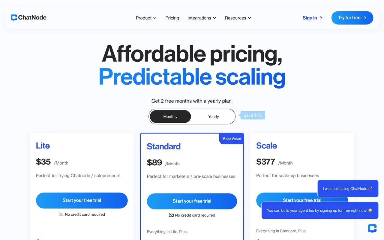 ChatNode pricing page - AI Chatbot SaaS pricing tiers and plans