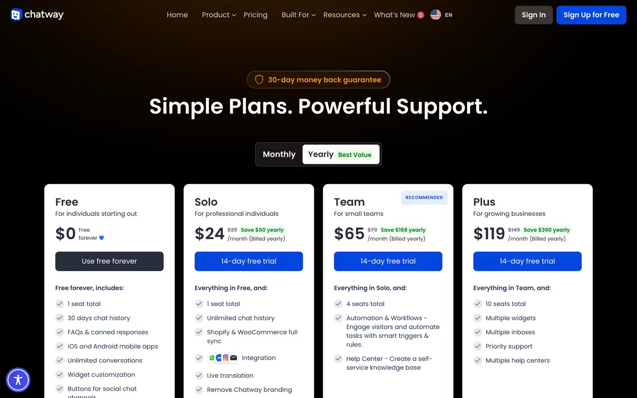 Chatway pricing page - Chat Widget SaaS pricing tiers and plans
